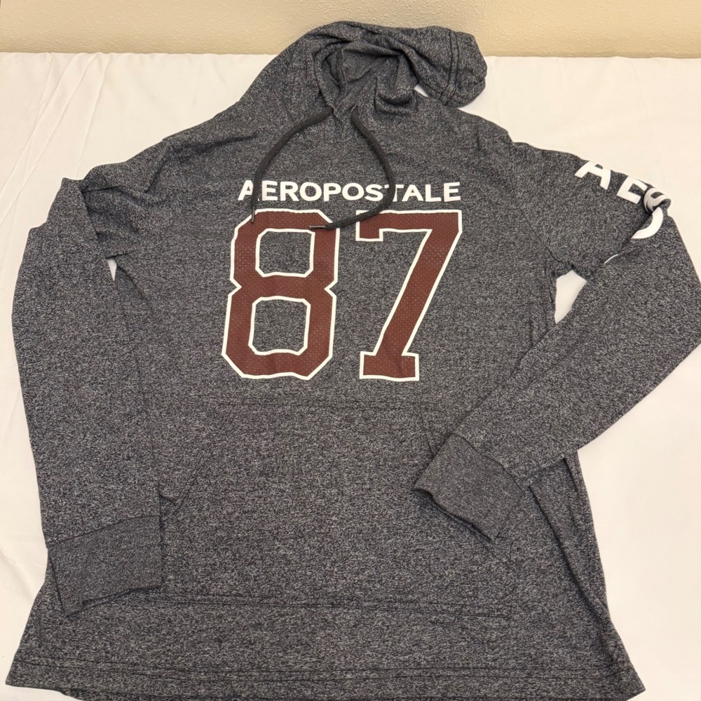 Aeropostale Mens Medium Gray Heathered 87 Graphic Long Sleeve Hooded T-Shirt
